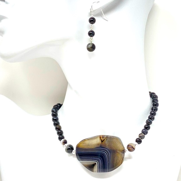 Hand Crafted Jewelry - Agate necklace and earrings sterling silver finish